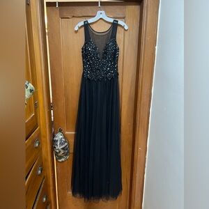 Xscape Black Beaded Mesh Maxi Dress